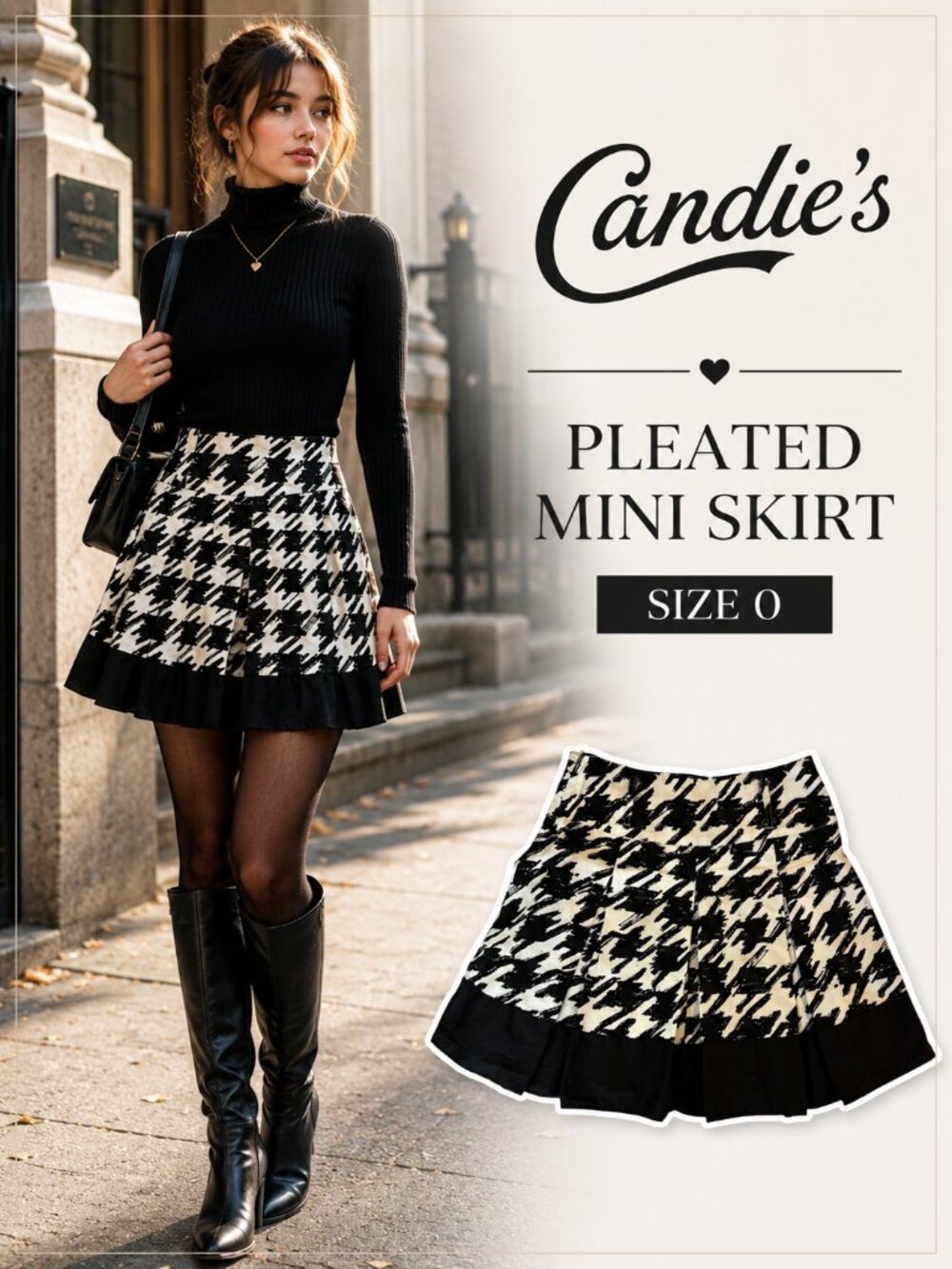 Candie’s Black White Houndstooth Pleated Mini Skirt Size 0